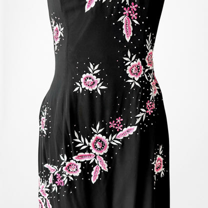 Vintage Strapless Floral Beaded Sheer Tulle Fishtail Maxi Bodycon Prom Dress M