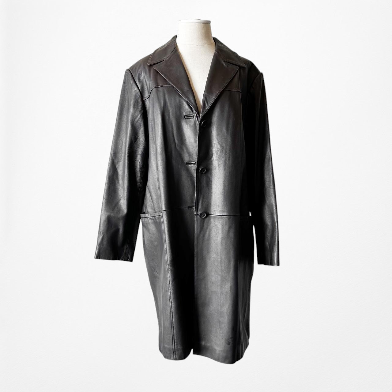 Vintage Y2K Brown Genuine Leather Peacoat Style Long Jacket Coat Size L