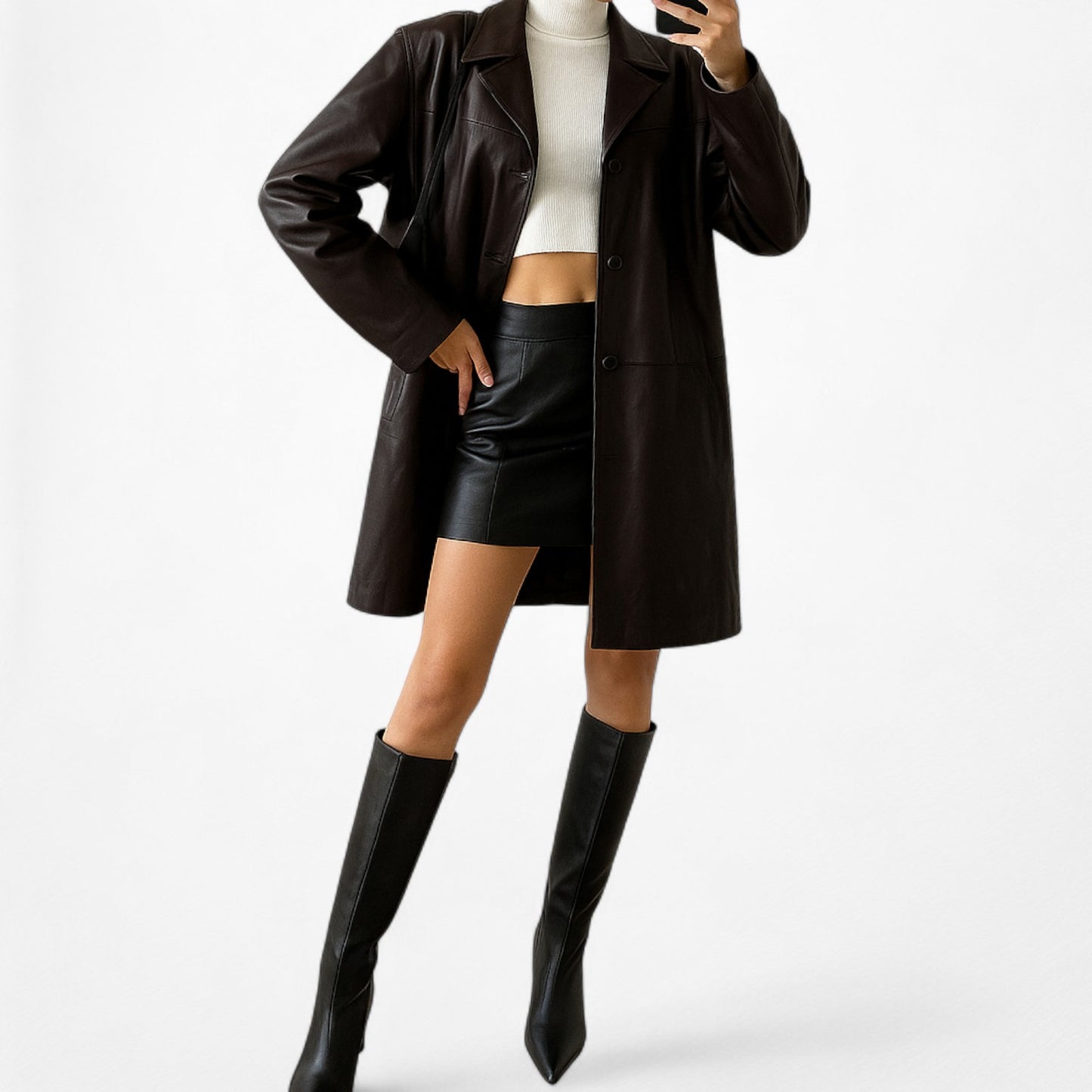 Vintage Y2K Brown Genuine Leather Peacoat Style Long Jacket Coat Size L