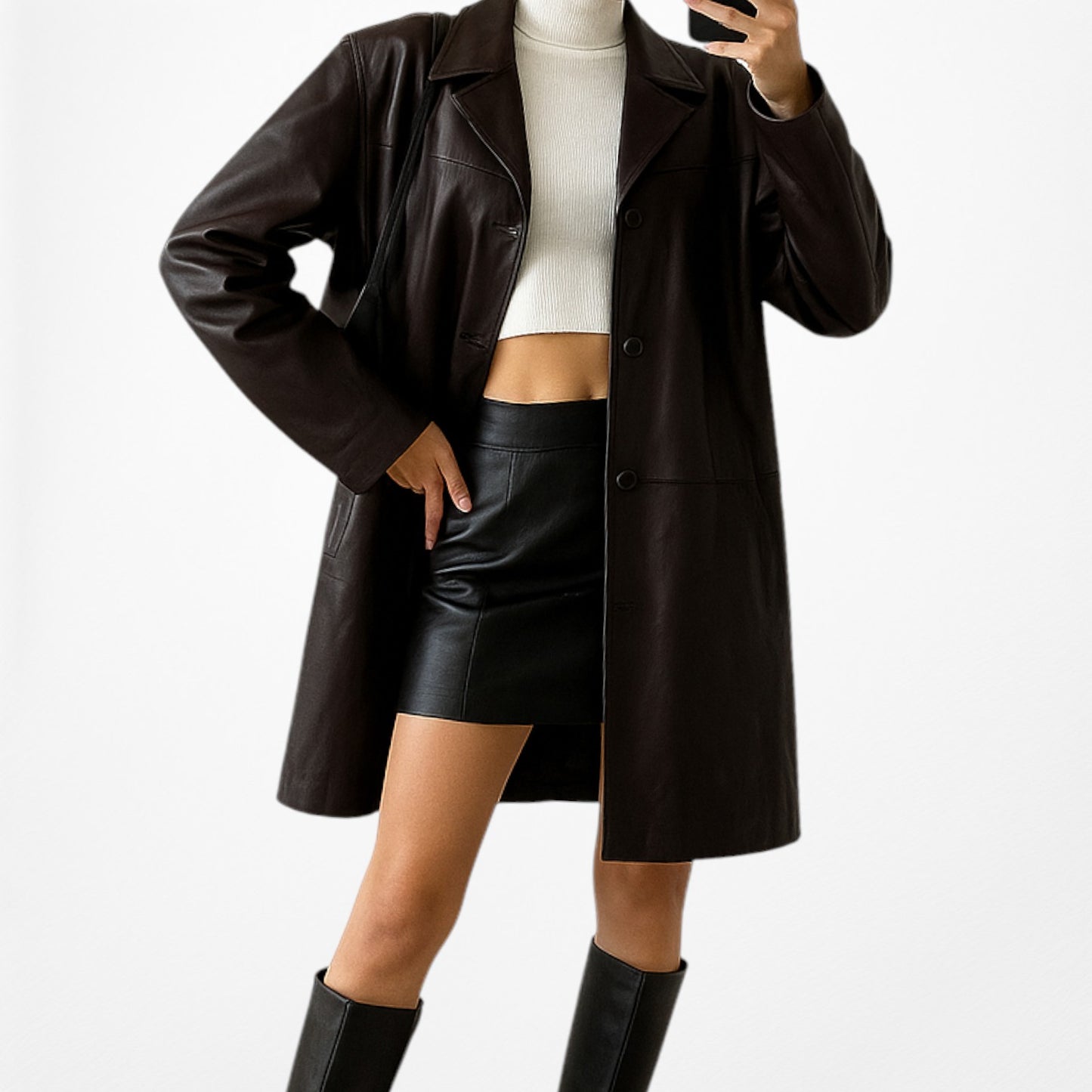 Vintage Y2K Brown Genuine Leather Peacoat Style Long Jacket Coat Size L