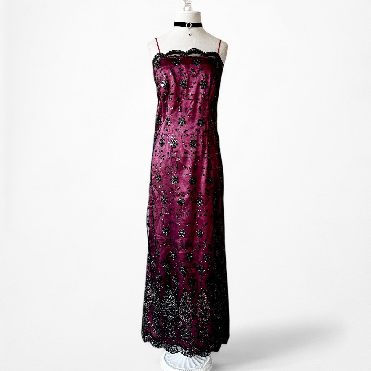 Vintage Y2K Bungundy Red Floral Beaded Sequin Mesh Bodycon Maxi Prom Dress L