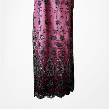 Vintage Y2K Bungundy Red Floral Beaded Sequin Mesh Bodycon Maxi Prom Dress L