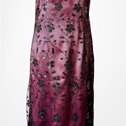 Vintage Y2K Bungundy Red Floral Beaded Sequin Mesh Bodycon Maxi Prom Dress L