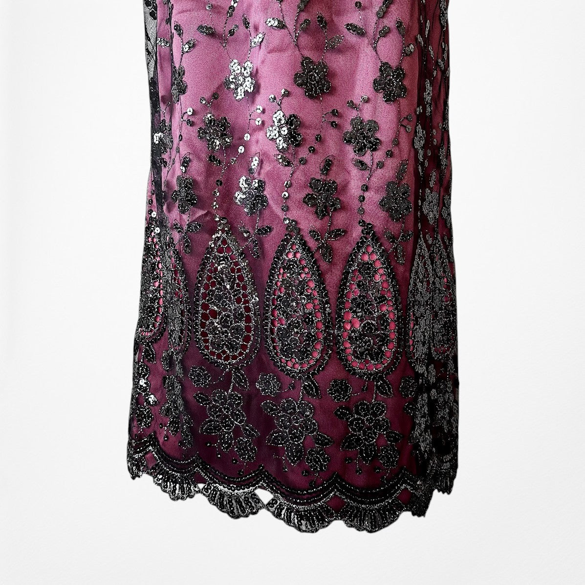 Vintage Y2K Bungundy Red Floral Beaded Sequin Mesh Bodycon Maxi Prom Dress L