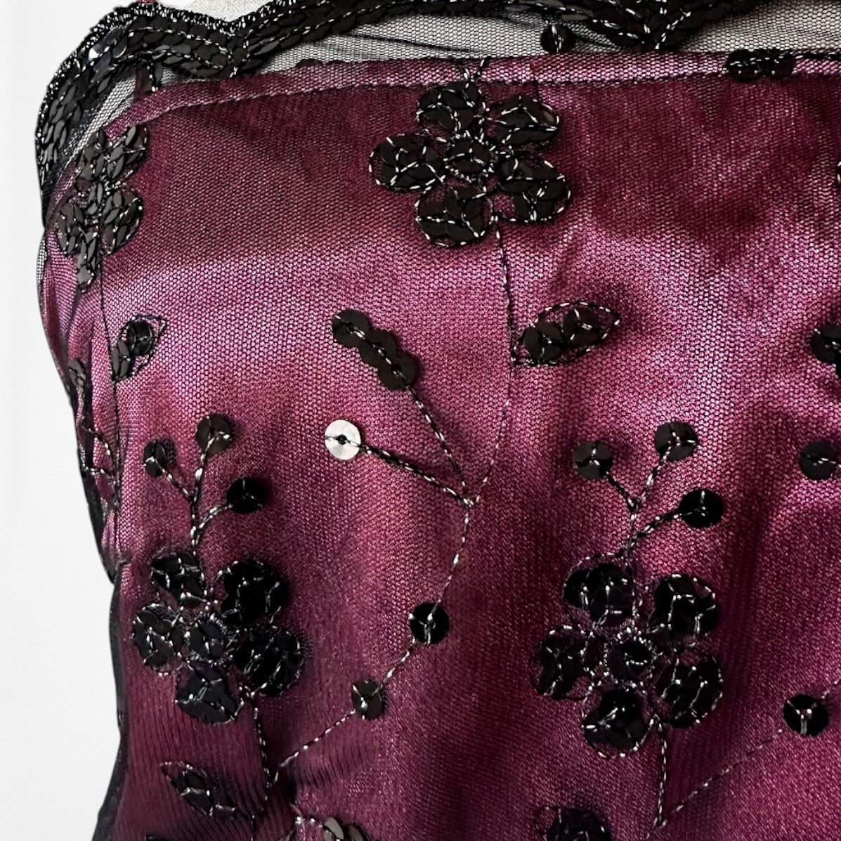 Vintage Y2K Bungundy Red Floral Beaded Sequin Mesh Bodycon Maxi Prom Dress L