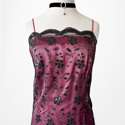 Vintage Y2K Bungundy Red Floral Beaded Sequin Mesh Bodycon Maxi Prom Dress L