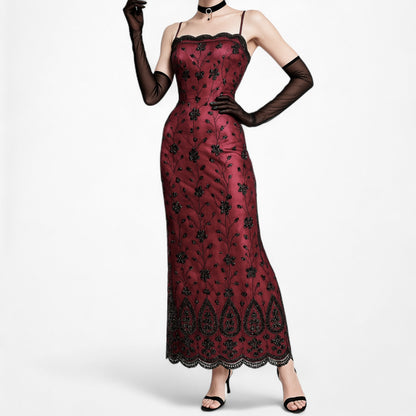 Vintage Y2K Bungundy Red Floral Beaded Sequin Mesh Bodycon Maxi Prom Dress L