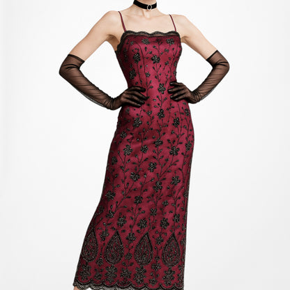 Vintage Y2K Bungundy Red Floral Beaded Sequin Mesh Bodycon Maxi Prom Dress L