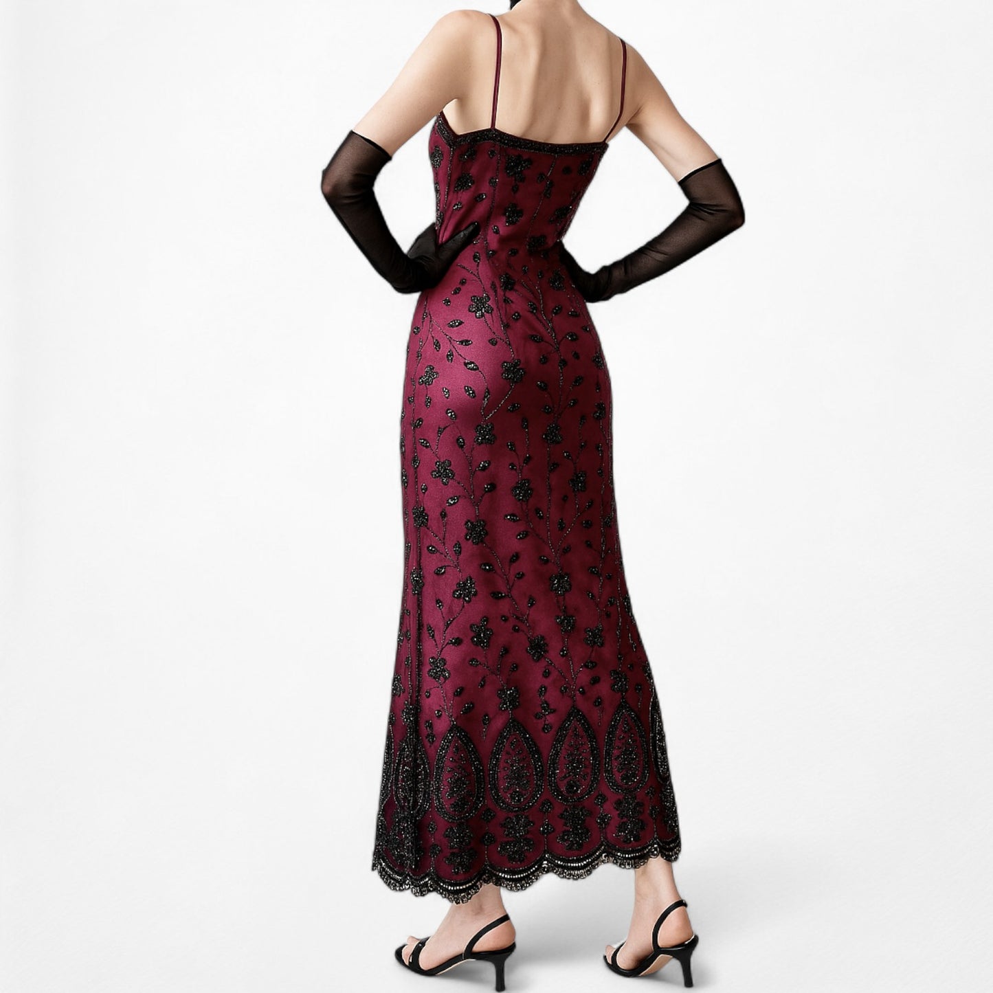 Vintage Y2K Bungundy Red Floral Beaded Sequin Mesh Bodycon Maxi Prom Dress L