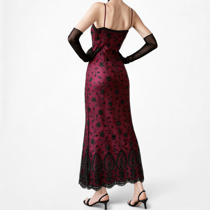 Vintage Y2K Bungundy Red Floral Beaded Sequin Mesh Bodycon Maxi Prom Dress L