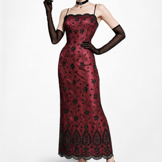 Vintage Y2K Bungundy Red Floral Beaded Sequin Mesh Bodycon Maxi Prom Dress L