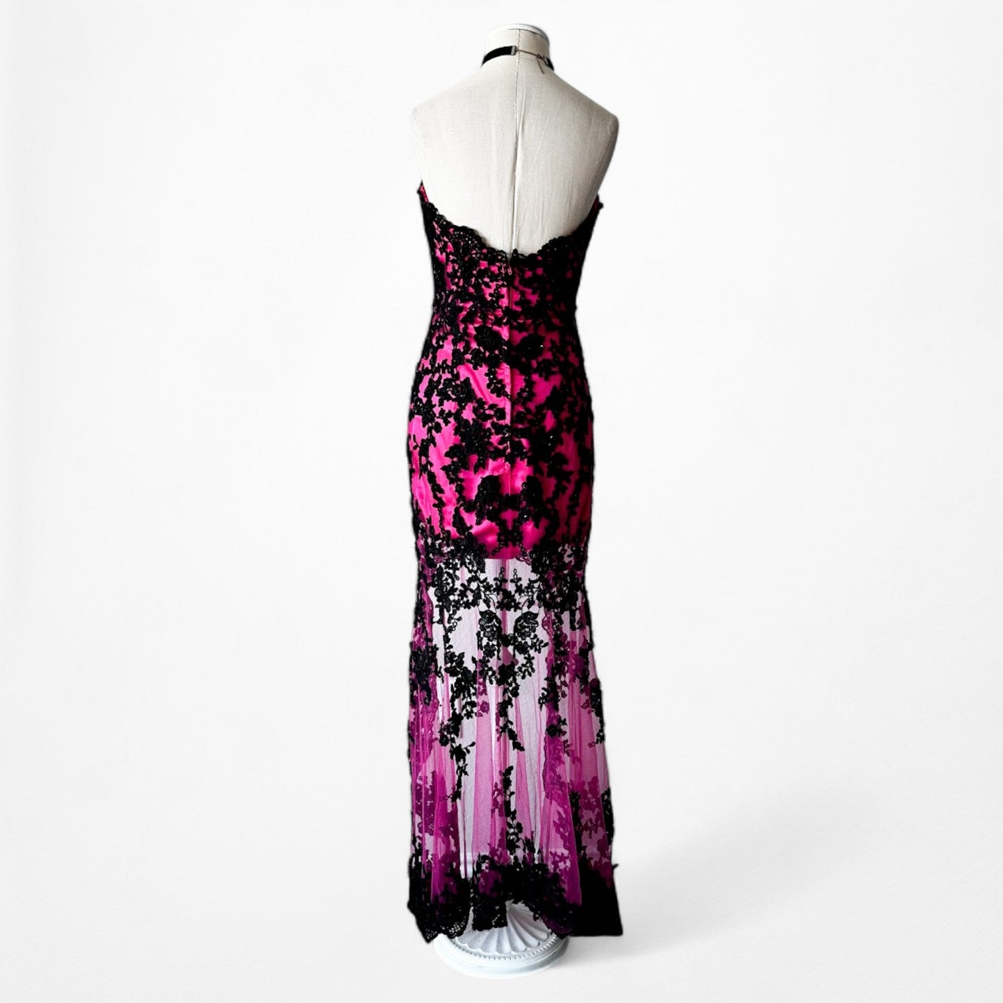 Vintage Y2K Black Pink Strapless Lace Beaded High Low Maxi Prom Dress Size S/M