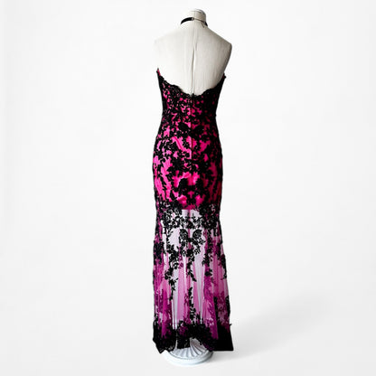 Vintage Y2K Black Pink Strapless Lace Beaded High Low Maxi Prom Dress Size S/M