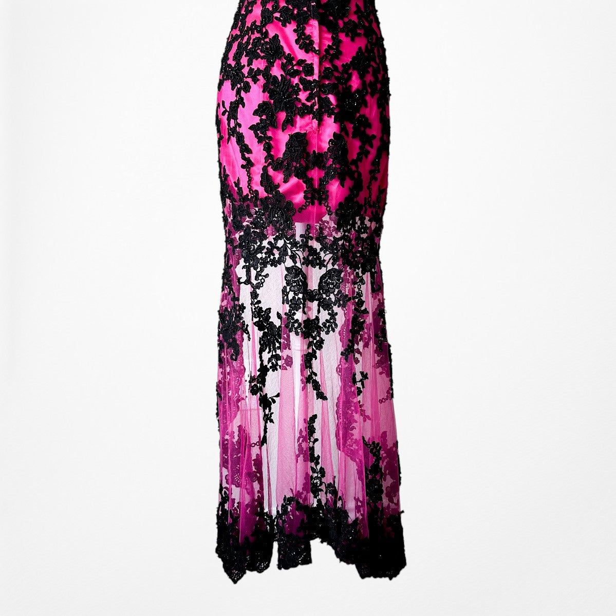 Vintage Y2K Black Pink Strapless Lace Beaded High Low Maxi Prom Dress Size S/M