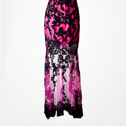 Vintage Y2K Black Pink Strapless Lace Beaded High Low Maxi Prom Dress Size S/M