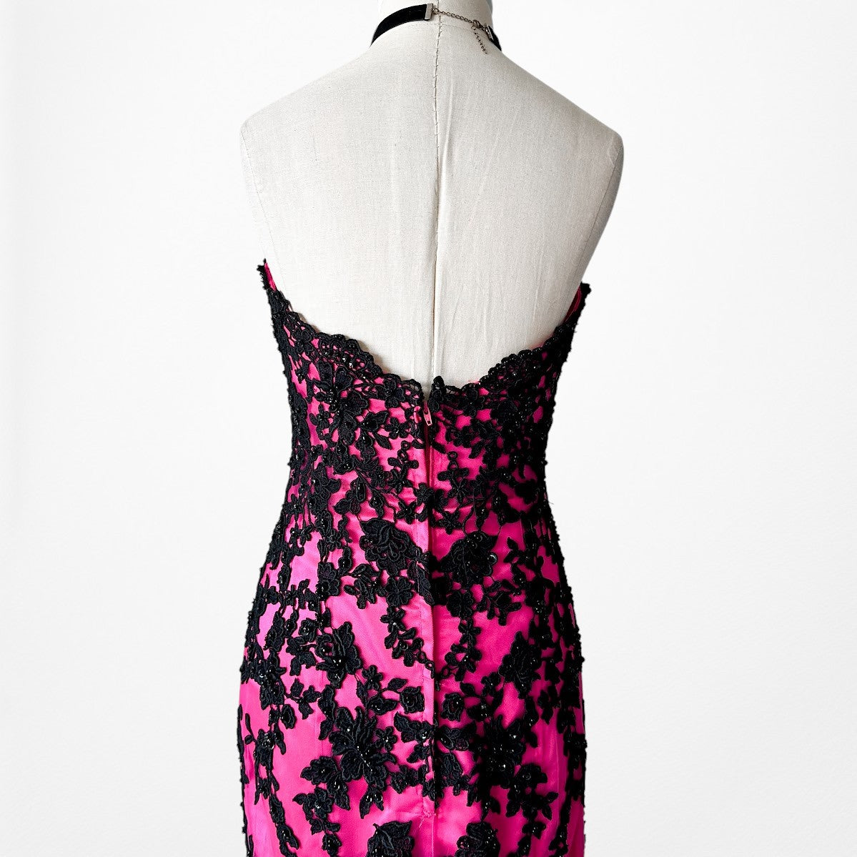 Vintage Y2K Black Pink Strapless Lace Beaded High Low Maxi Prom Dress Size S/M