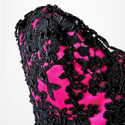 Vintage Y2K Black Pink Strapless Lace Beaded High Low Maxi Prom Dress Size S/M