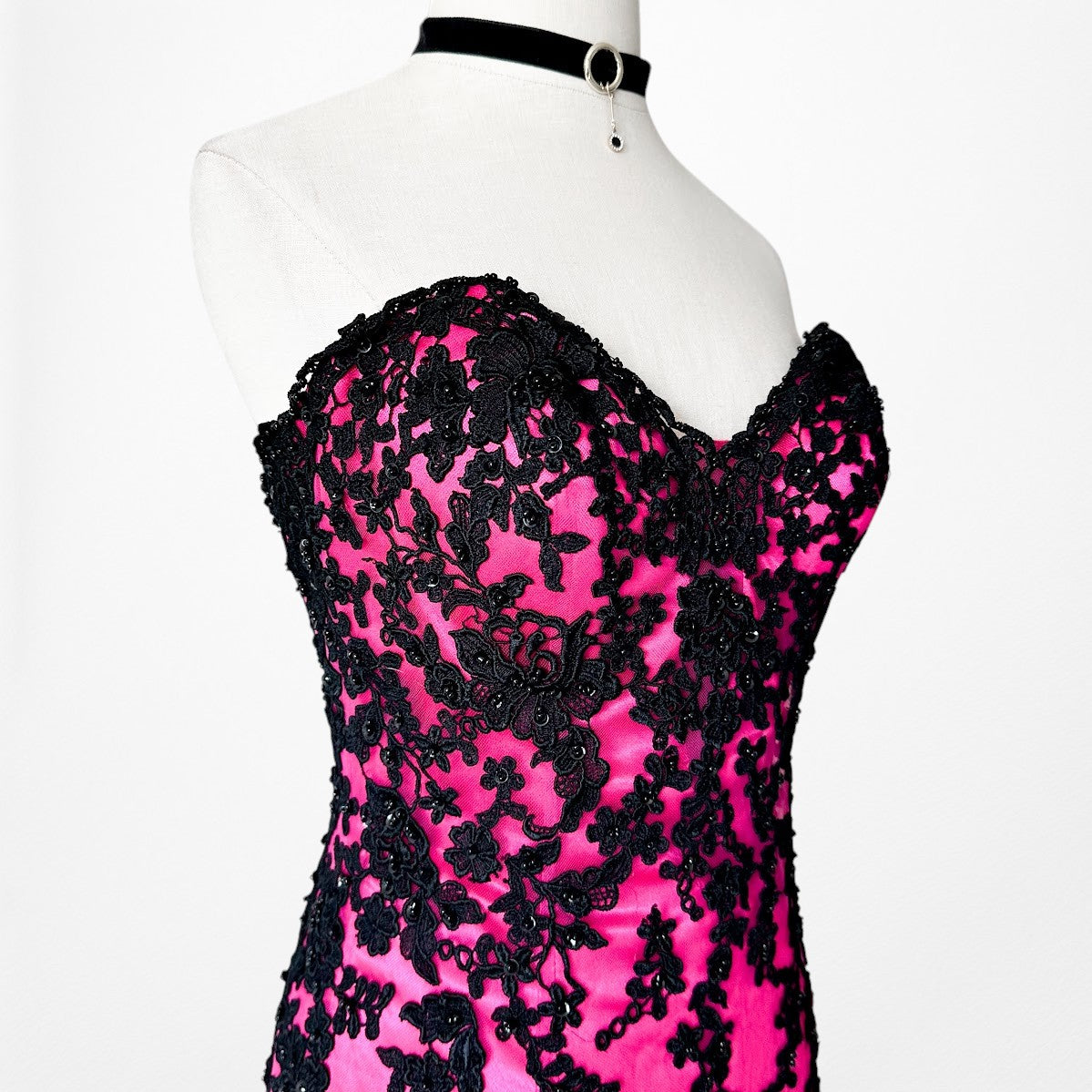 Vintage Y2K Black Pink Strapless Lace Beaded High Low Maxi Prom Dress Size S/M