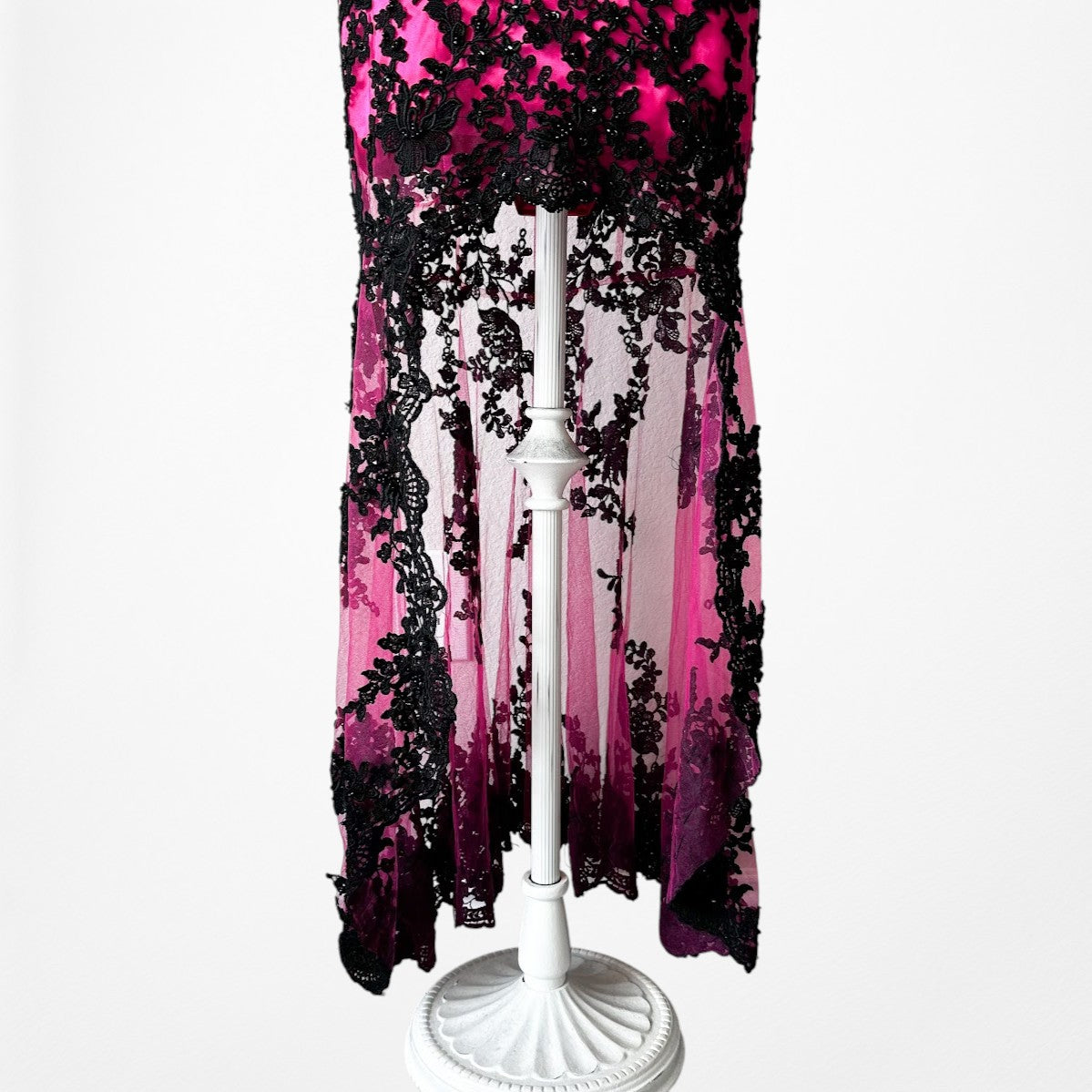 Vintage Y2K Black Pink Strapless Lace Beaded High Low Maxi Prom Dress Size S/M