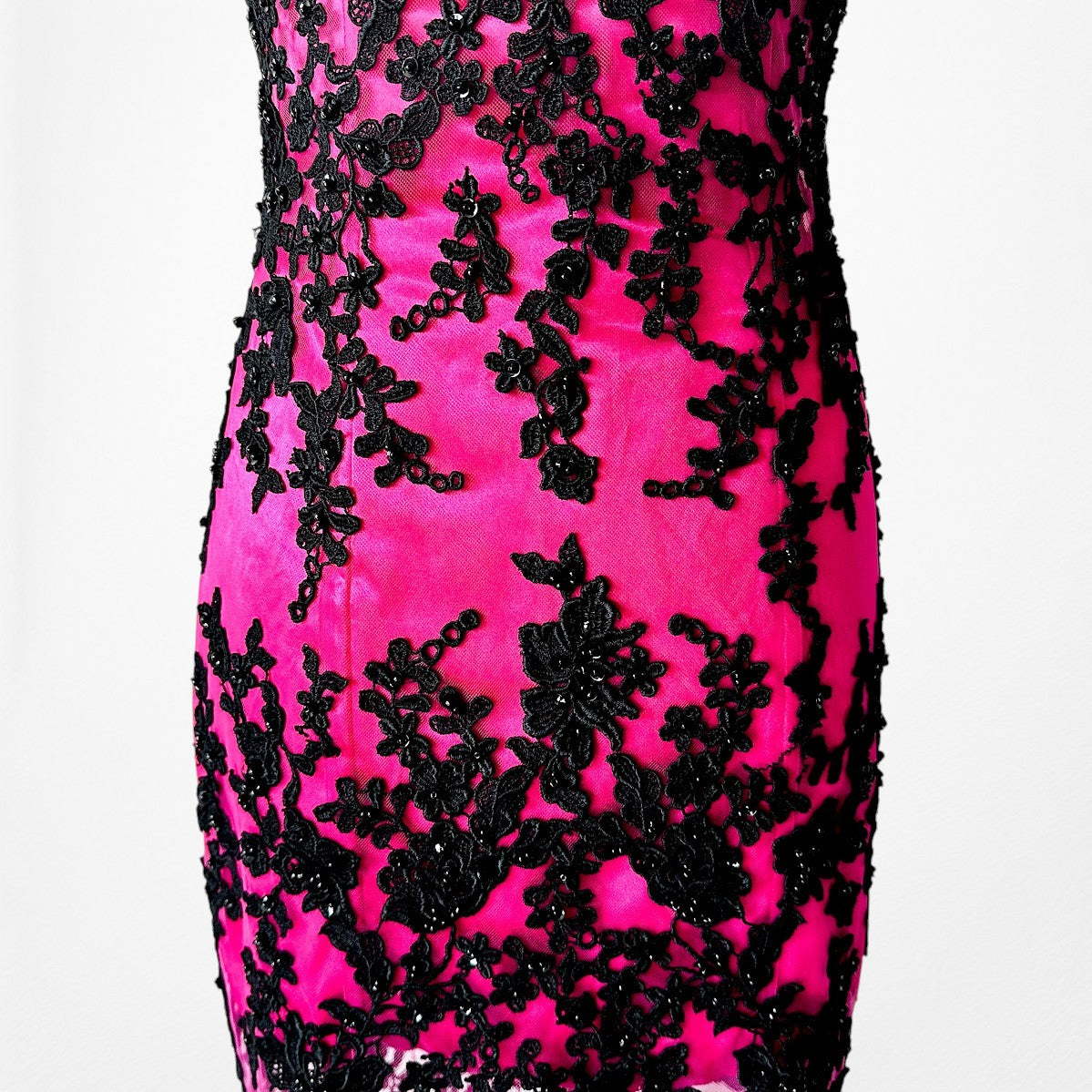 Vintage Y2K Black Pink Strapless Lace Beaded High Low Maxi Prom Dress Size S/M