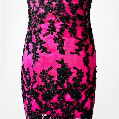 Vintage Y2K Black Pink Strapless Lace Beaded High Low Maxi Prom Dress Size S/M