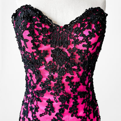 Vintage Y2K Black Pink Strapless Lace Beaded High Low Maxi Prom Dress Size S/M