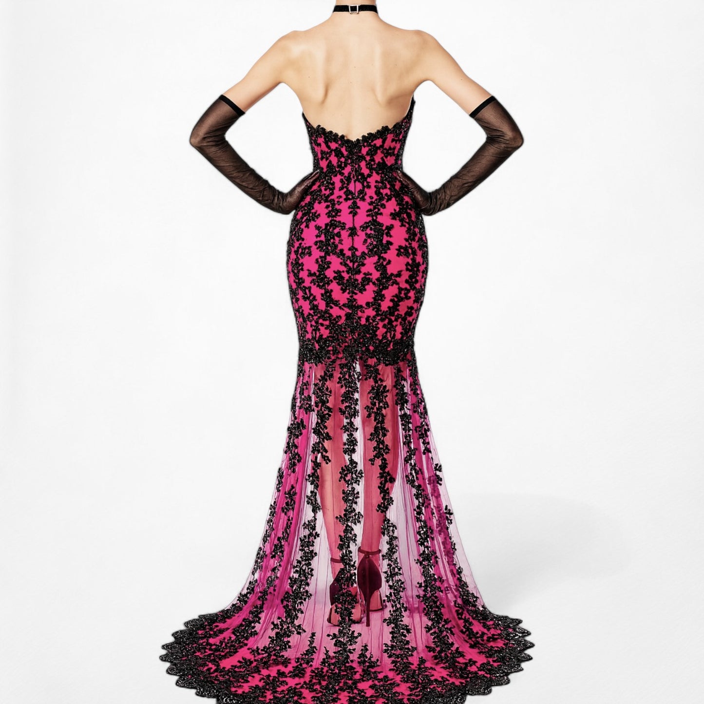 Vintage Y2K Black Pink Strapless Lace Beaded High Low Maxi Prom Dress Size S/M