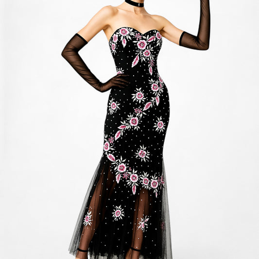 Vintage Strapless Floral Beaded Sheer Tulle Fishtail Maxi Bodycon Prom Dress M