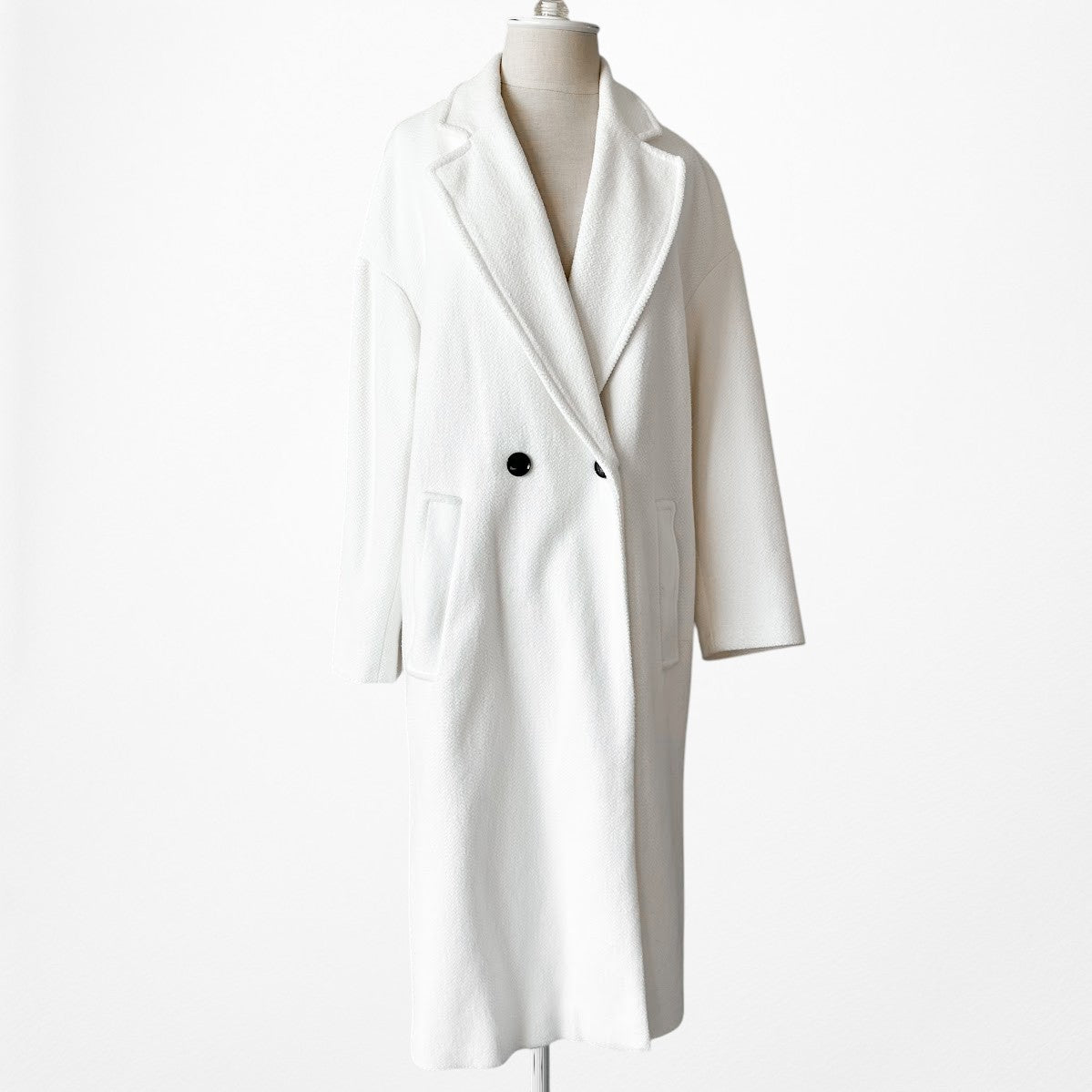 Zara Off White Button Front Long Peacoat Style Oversized Coat Jacket Size XS