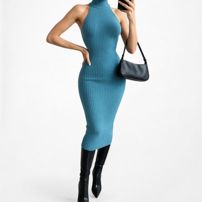 Zara Blue Turtleneck Ribbed Knit Knee Length Bodycon Sweater Dress Size XS/S