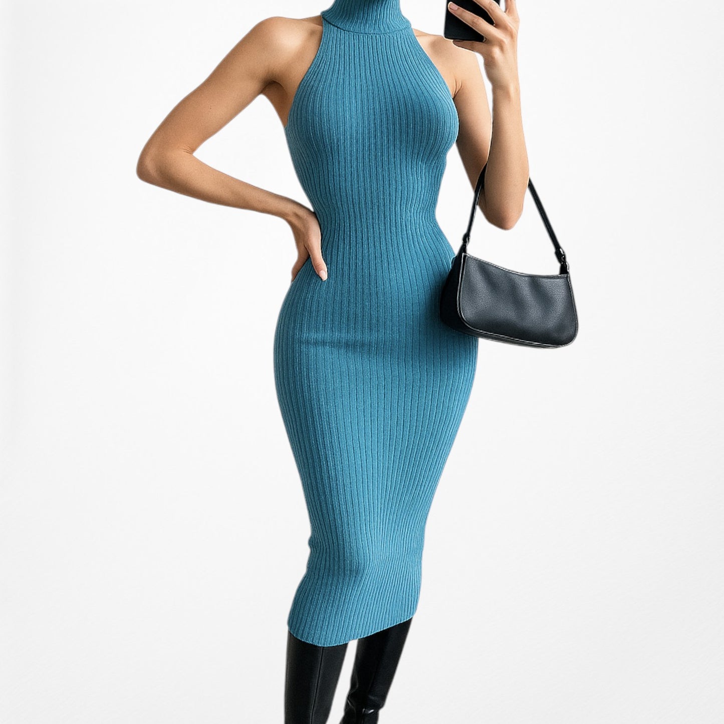 Zara Blue Turtleneck Ribbed Knit Knee Length Bodycon Sweater Dress Size XS/S