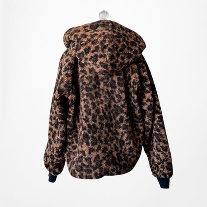 Loft Brown Black Oversized Leopard Print Bomber Style Hooded Jacket Size S