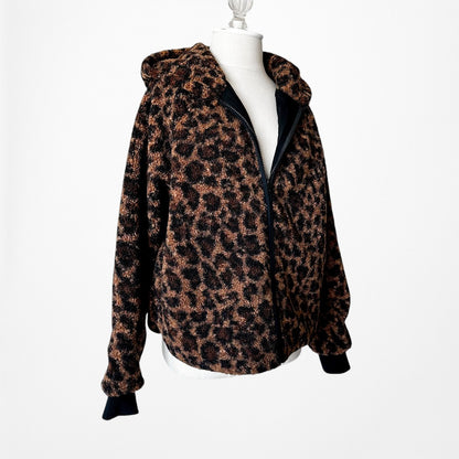 Loft Brown Black Oversized Leopard Print Bomber Style Hooded Jacket Size S