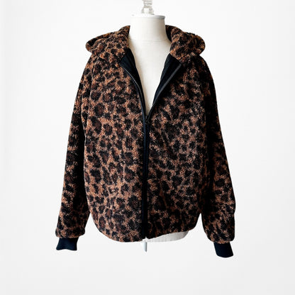 Loft Brown Black Oversized Leopard Print Bomber Style Hooded Jacket Size S