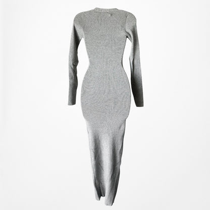 Fashion Nova Gray Ribbed Knit V-Neck Button Front Midi Bodycon Sweater Dress XS