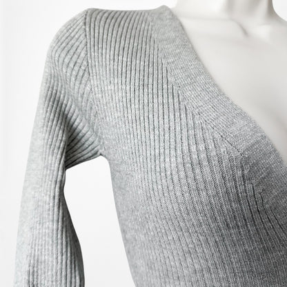 Fashion Nova Gray Ribbed Knit V-Neck Button Front Midi Bodycon Sweater Dress XS