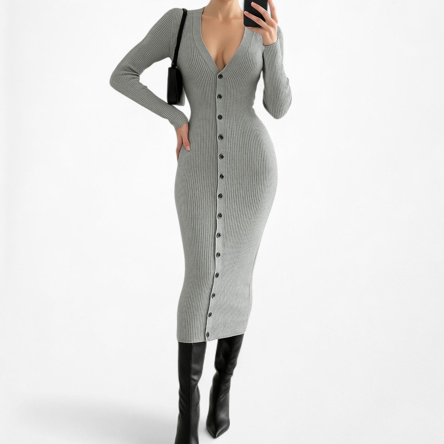 Fashion Nova Gray Ribbed Knit V-Neck Button Front Midi Bodycon Sweater Dress XS