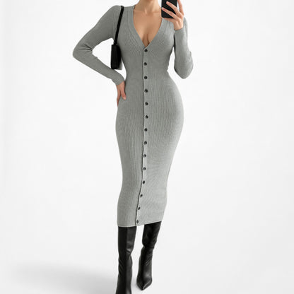 Fashion Nova Gray Ribbed Knit V-Neck Button Front Midi Bodycon Sweater Dress XS