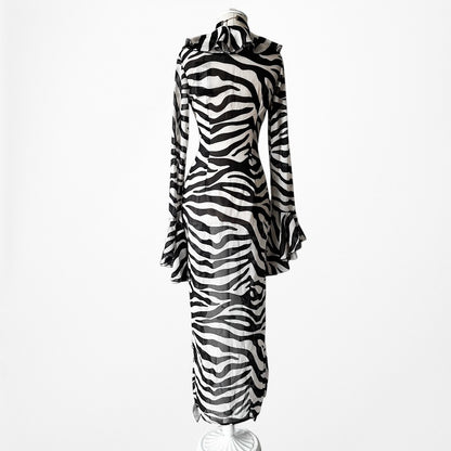 Black White Zebra Print Long Bell Sleeves Ruffle Maxi Cardigan Dress Size S