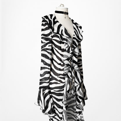 Black White Zebra Print Long Bell Sleeves Ruffle Maxi Cardigan Dress Size S