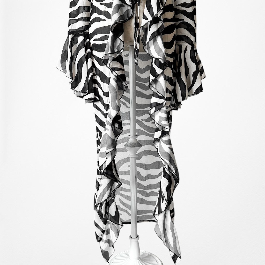 Black White Zebra Print Long Bell Sleeves Ruffle Maxi Cardigan Dress Size S