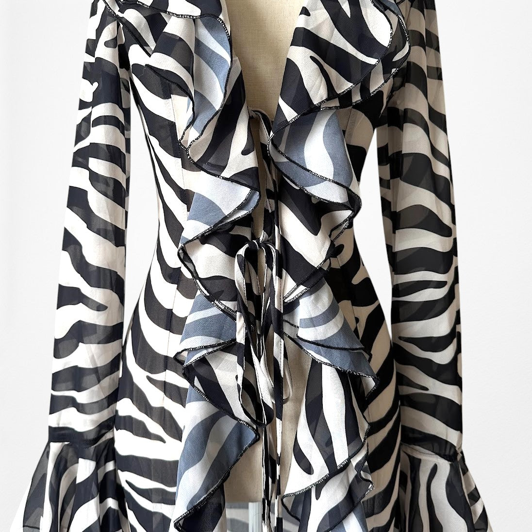 Black White Zebra Print Long Bell Sleeves Ruffle Maxi Cardigan Dress Size S