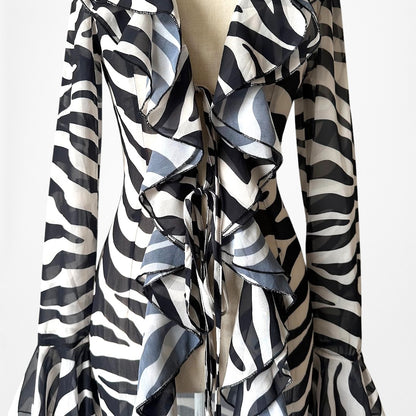 Black White Zebra Print Long Bell Sleeves Ruffle Maxi Cardigan Dress Size S
