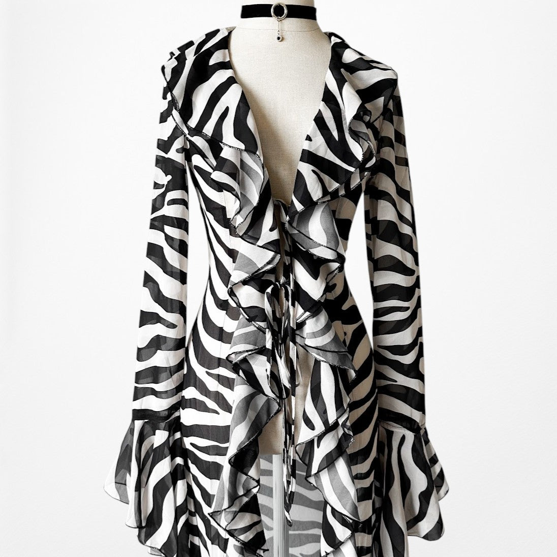 Black White Zebra Print Long Bell Sleeves Ruffle Maxi Cardigan Dress Size S