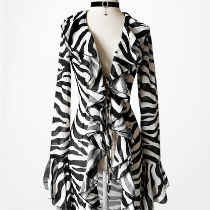 Black White Zebra Print Long Bell Sleeves Ruffle Maxi Cardigan Dress Size S