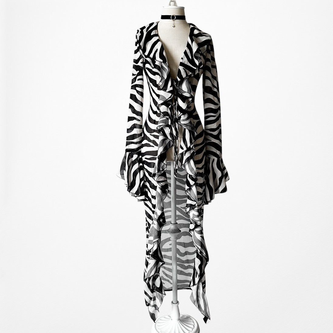 Black White Zebra Print Long Bell Sleeves Ruffle Maxi Cardigan Dress Size S