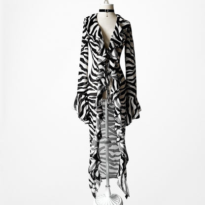 Black White Zebra Print Long Bell Sleeves Ruffle Maxi Cardigan Dress Size S