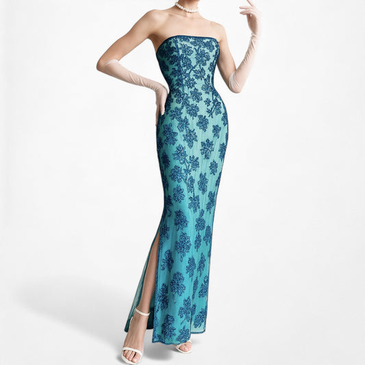 Vintage Blue Floral Beaded Silk Side Slit Bodycon Maxi Dress Size S/M