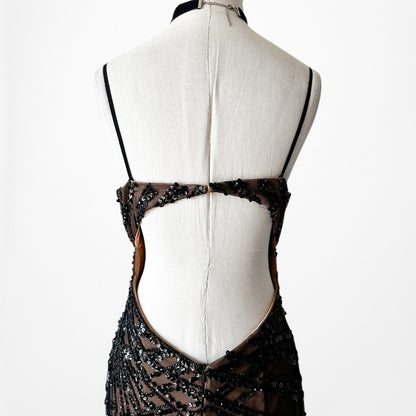 Vintage Y2K Brown Black Beaded Mesh Maxi Bodycon Side Slit Prom Dress Size M/L