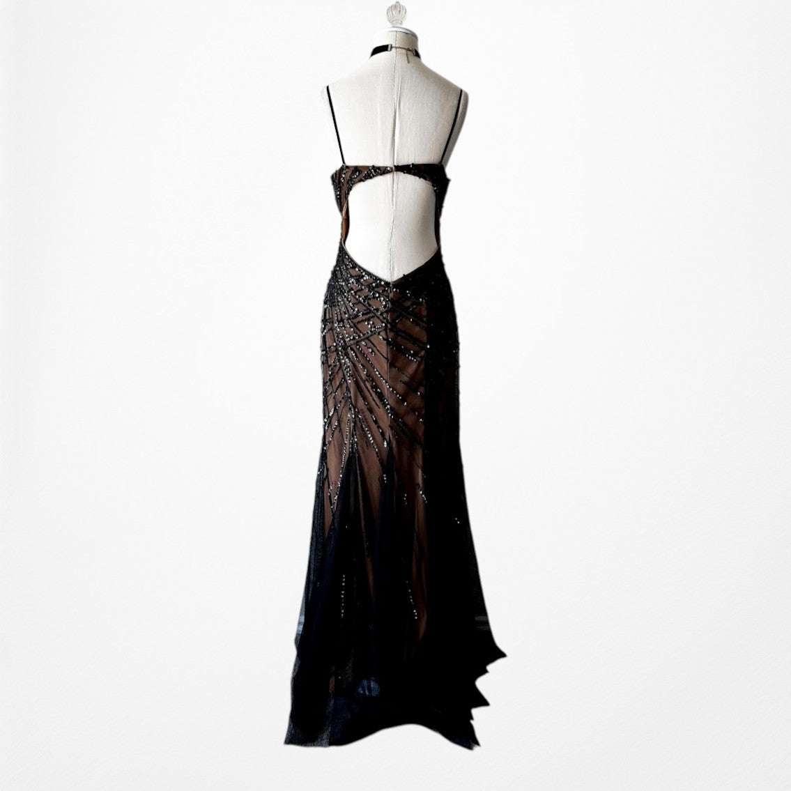 Vintage Y2K Brown Black Beaded Mesh Maxi Bodycon Side Slit Prom Dress Size M/L